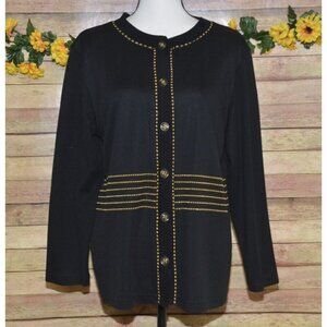 Vintage Cathy Daniels Black w/ Gold Trim Button Front Cardigan Sweater Ladies M